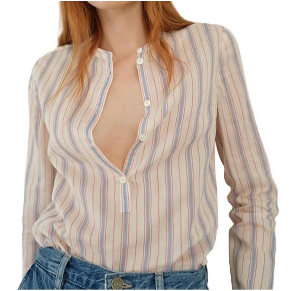 FRAME Women's Collarless Silk Cotton Shirt In Ecru Multi Striped Quiet Luxury S